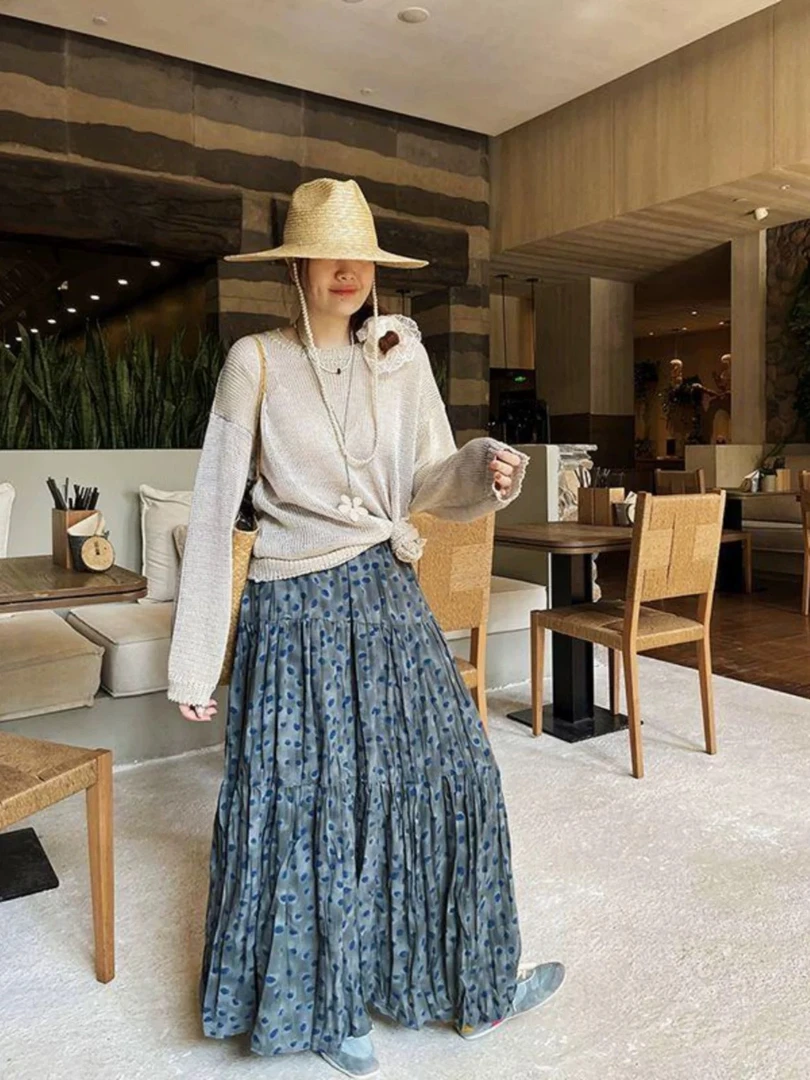 新款小众复古灰蓝色波点碎花大摆裙半身裙高腰显瘦长裙气质女
