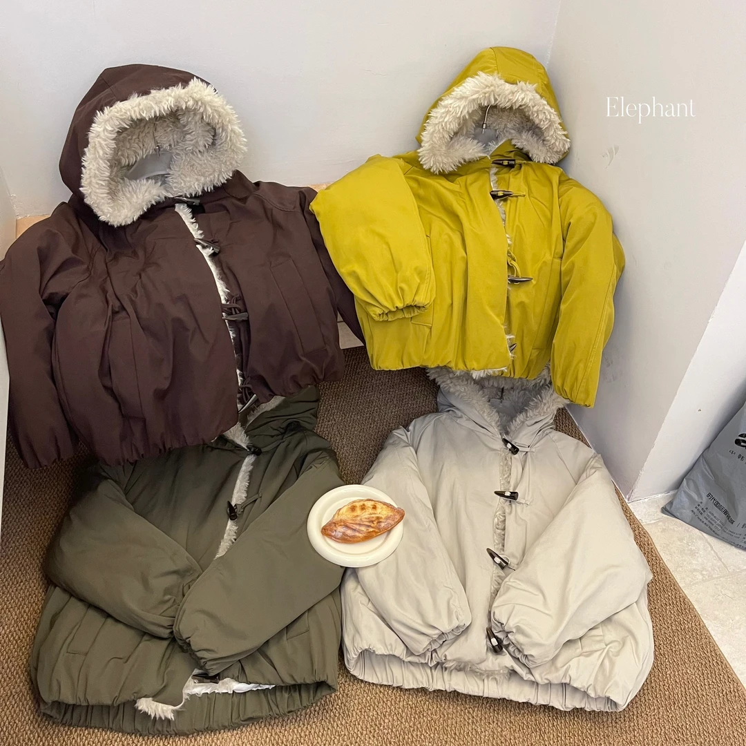 小玉呀！冬季加厚款韩版连帽牛角扣压棉里布棉服