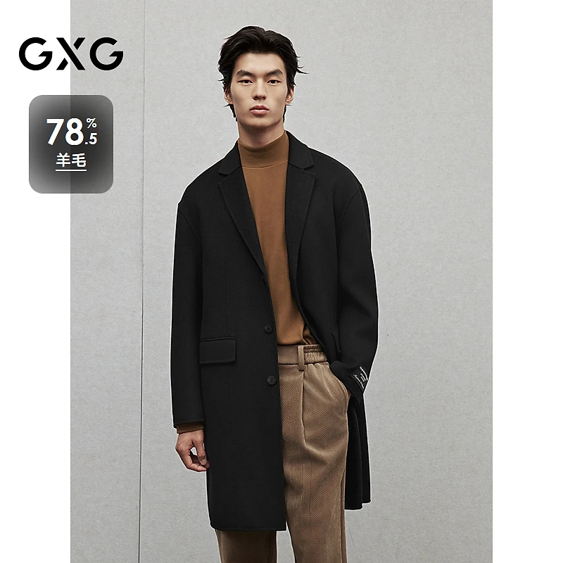 GXG男装 黑色织唛点缀简约通勤长款羊毛大衣外套 24冬季