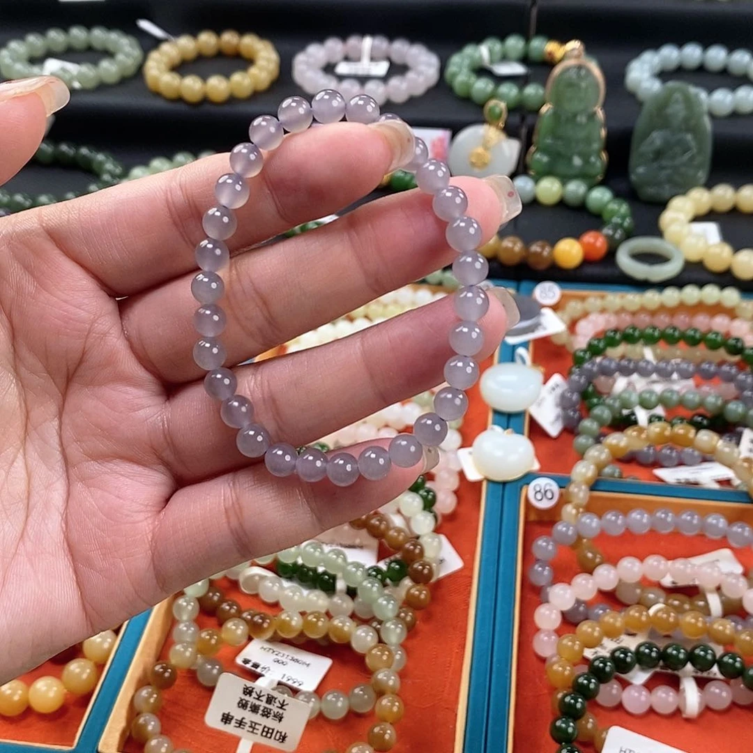 和田玉手链 6MM未镶嵌烟紫