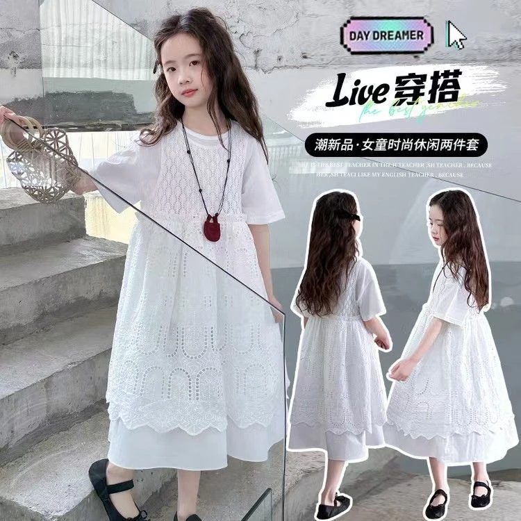 女中大童夏装蕾丝真两件套连衣2025新款洋气裙子女童12-15岁