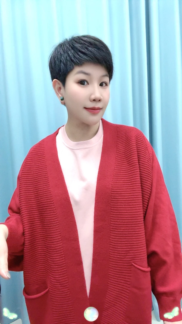 1039#女冬宽松针织厚款秋V领毛针织衫红色外搭针织衫女装