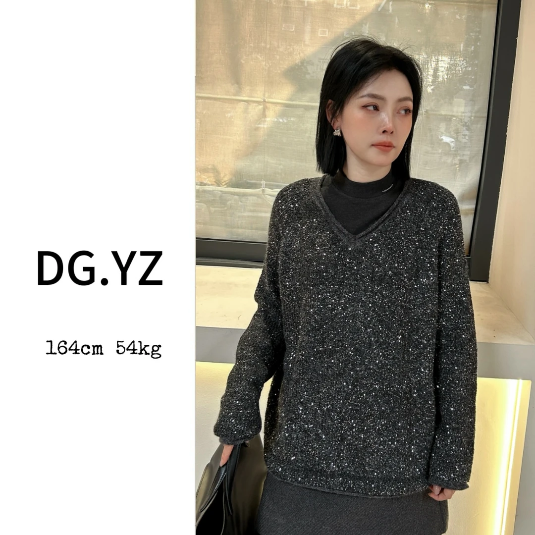 【樱子家】666F秋冬慵懒风小香V领亮片针织套头上衣