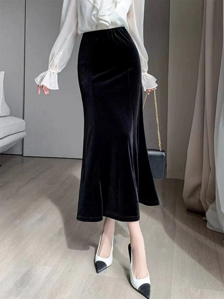 新款金丝绒鱼尾裙女高腰显瘦包臀半身裙