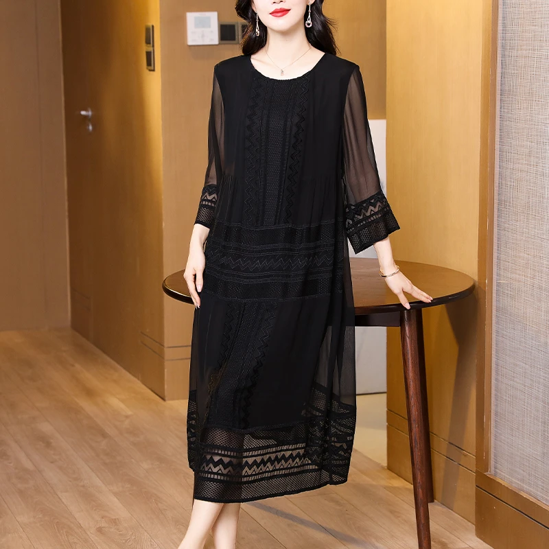 8848#时尚大码连衣裙高档夏季高端轻奢女装新款黑色刺绣气质裙子