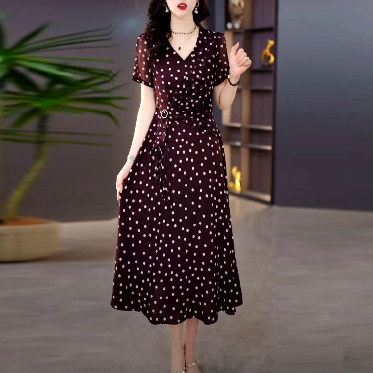 乔其丝时尚洋气波点短袖连衣裙2025夏季新款修身收腰中长款A字裙