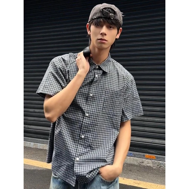 黑白格子休闲短袖衬衫男款夏季miu系穿搭潮牌凉感透气百搭ins外套