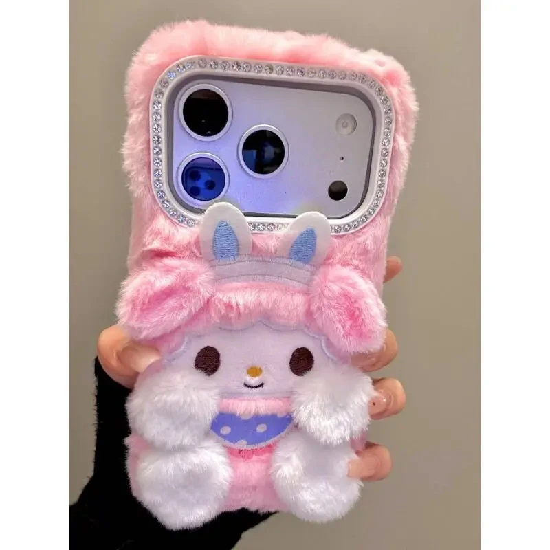 甜美可爱毛绒蓝围兜兔耳美乐蒂适用ihone17promax苹果16p手机壳15