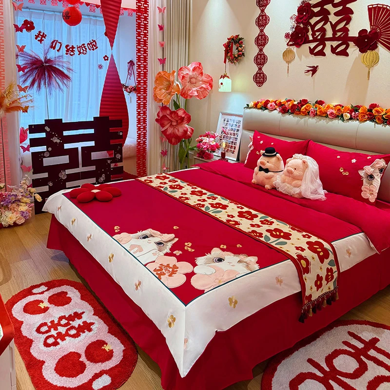 乐优公主结婚四件套招财猫婚庆床单喜被婚房床被套大红色床上用品
