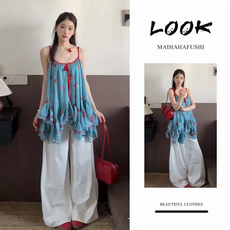 夏季时尚一整套女装2025新款爆款甜美碎花吊带高腰阔腿裤两件套装