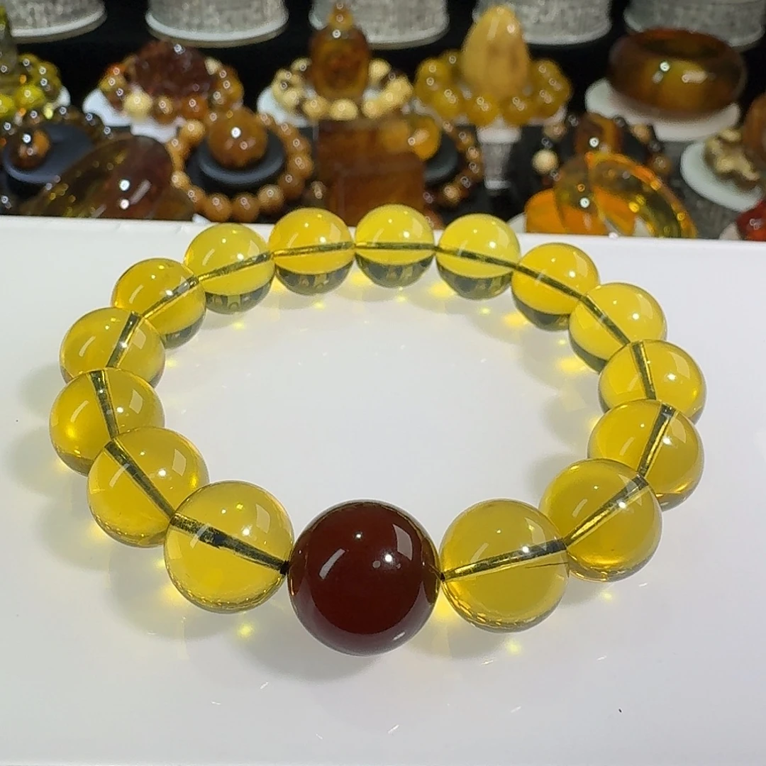 琥珀未镶嵌裸石天然缅甸净水金蓝红蜜手串，规格12+