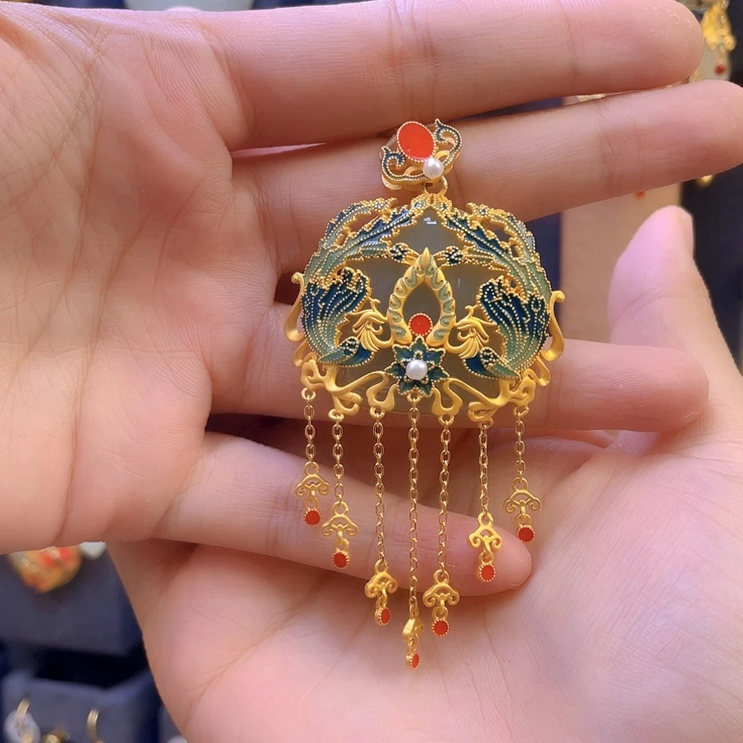 和田玉颈饰银S925镀金镶嵌