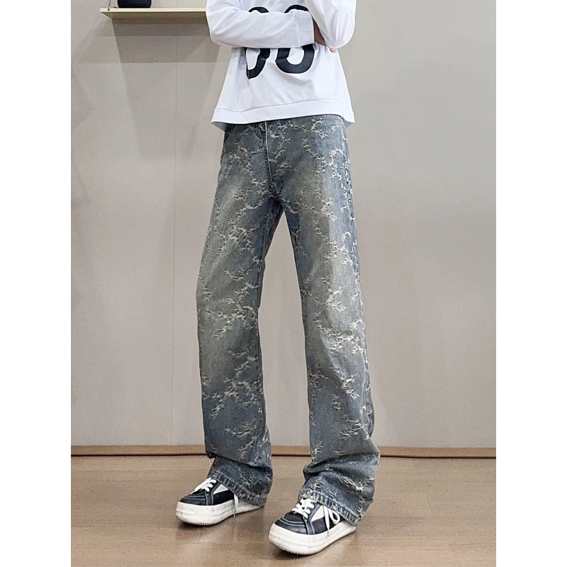 潮牌美式闪电纹提花微喇牛仔裤男女秋季vibe设计感宽松直筒裤