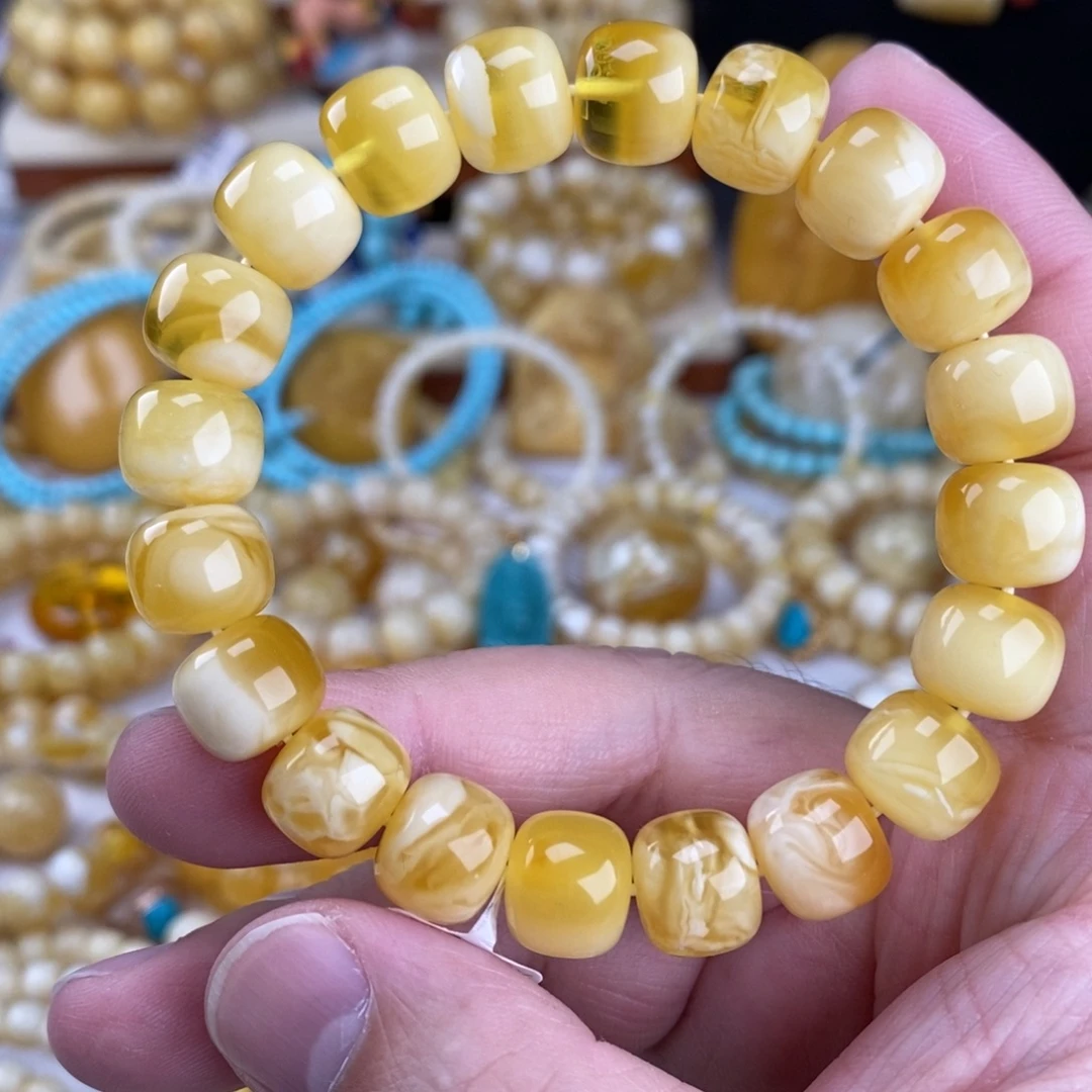 蜜蜡未镶嵌手链金瓷白妖花12mm