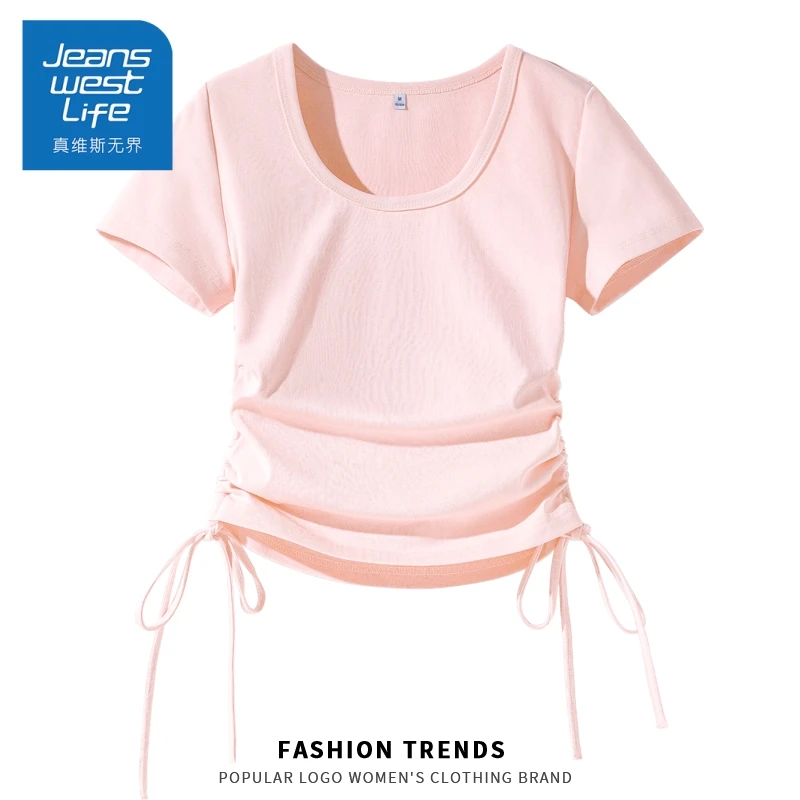 真维斯无界夏季短袖t恤正肩粉色U领抽绳纯欲甜妹欧若风设计感上衣