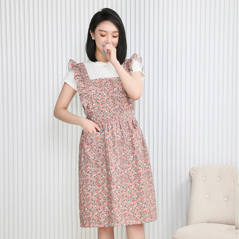 新款法式碎花布艺公主外穿围裙家用厨房花艺烘焙防污洋气罩衣时尚