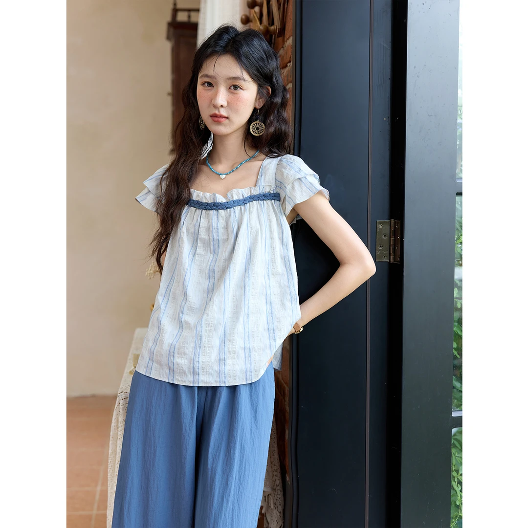 谜秀苎麻蓝色条纹小衫+蓝色阔腿裤2025夏季新款韩版设计感套装女