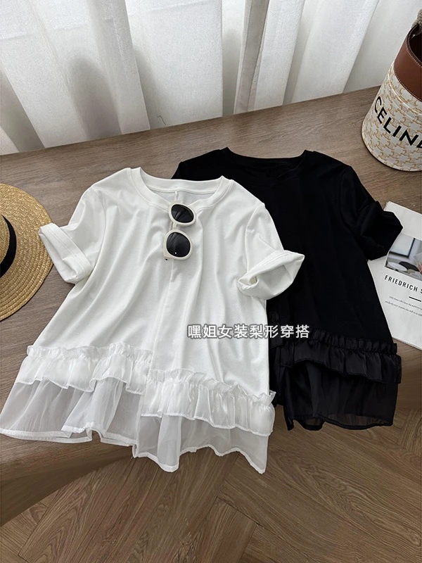 【日光岛屿】韩系设计感拼接花边不对称圆领短袖T恤女宽松显瘦上衣