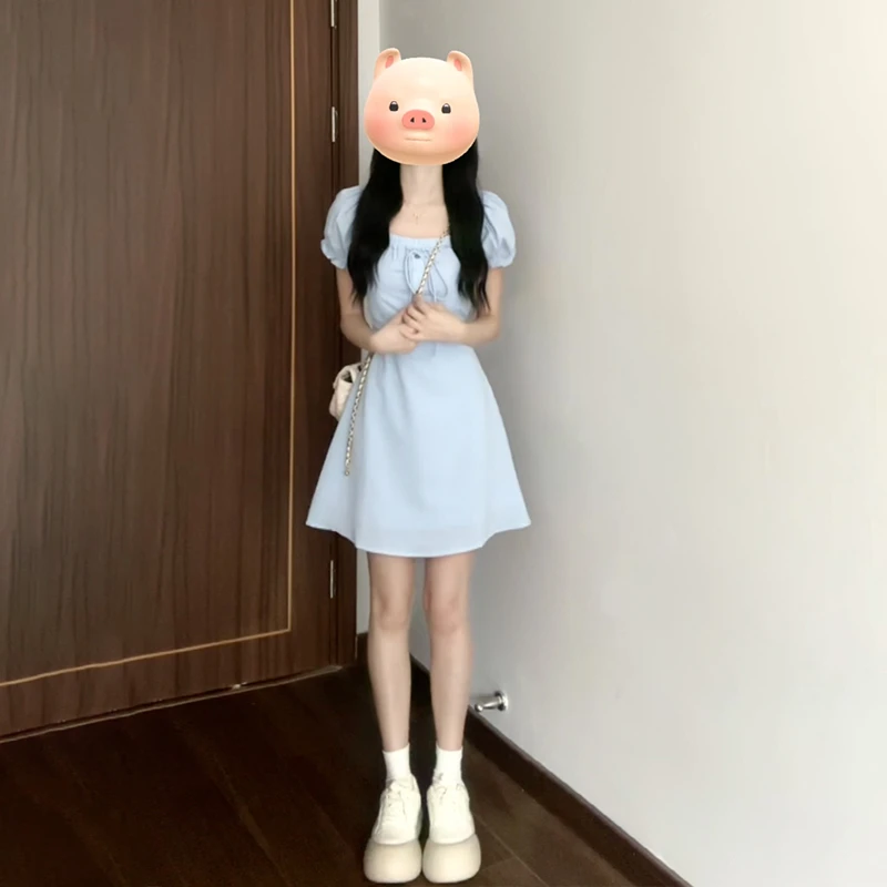 3295蓝色泡泡袖绑带连衣裙女夏季新款甜美小个子方领显瘦a字短裙