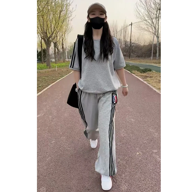 时尚宽松2025洋气百搭显瘦短袖卫衣阔腿裤休闲运动两件套装女春夏