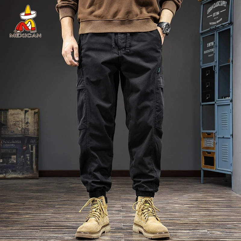 Mexican/稻草人春季哈伦工装裤男款美式潮牌宽松微锥裤束脚休闲裤