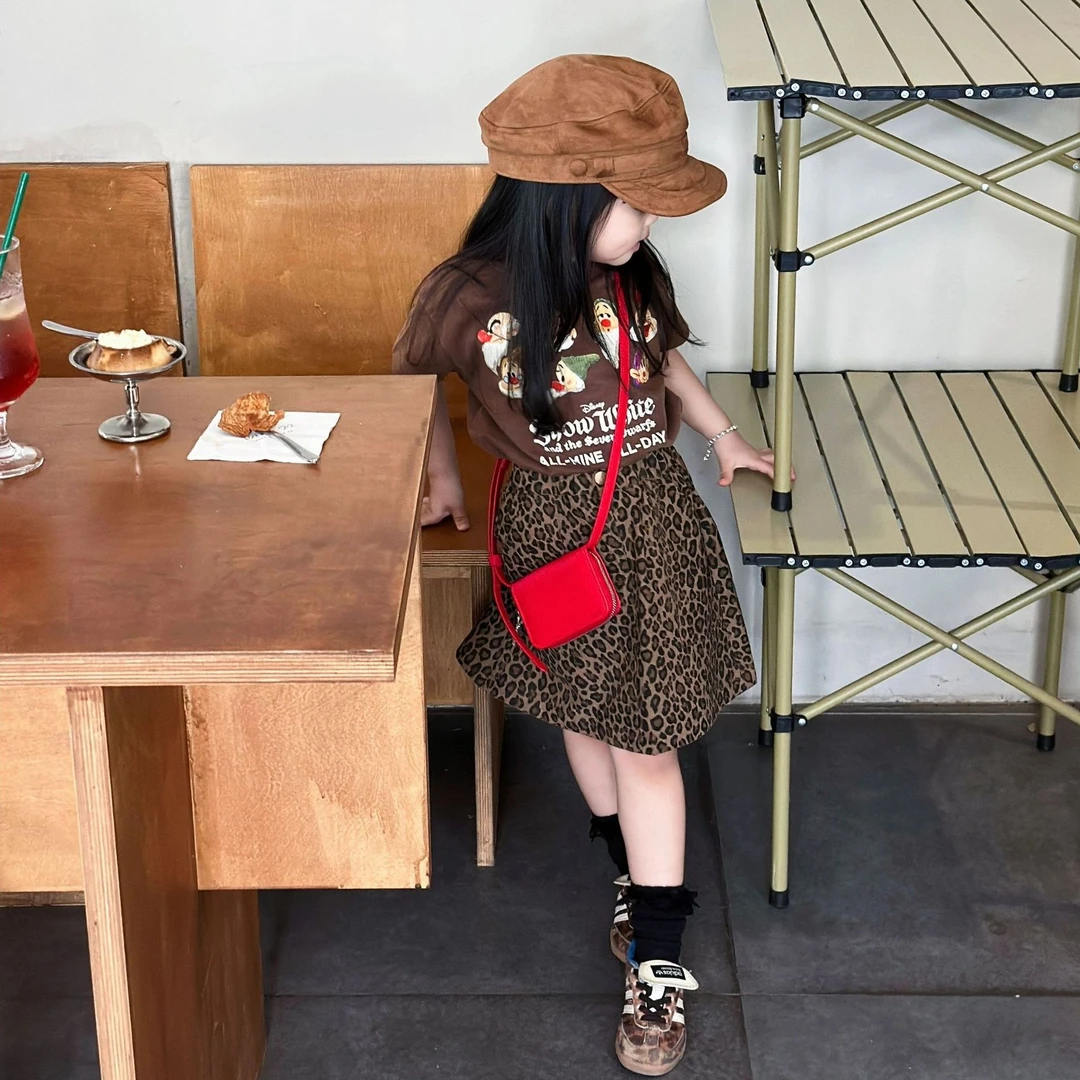 壹妈韩版童装女童套装夏季儿童时髦洋气卡通T恤短袖上衣豹纹半裙