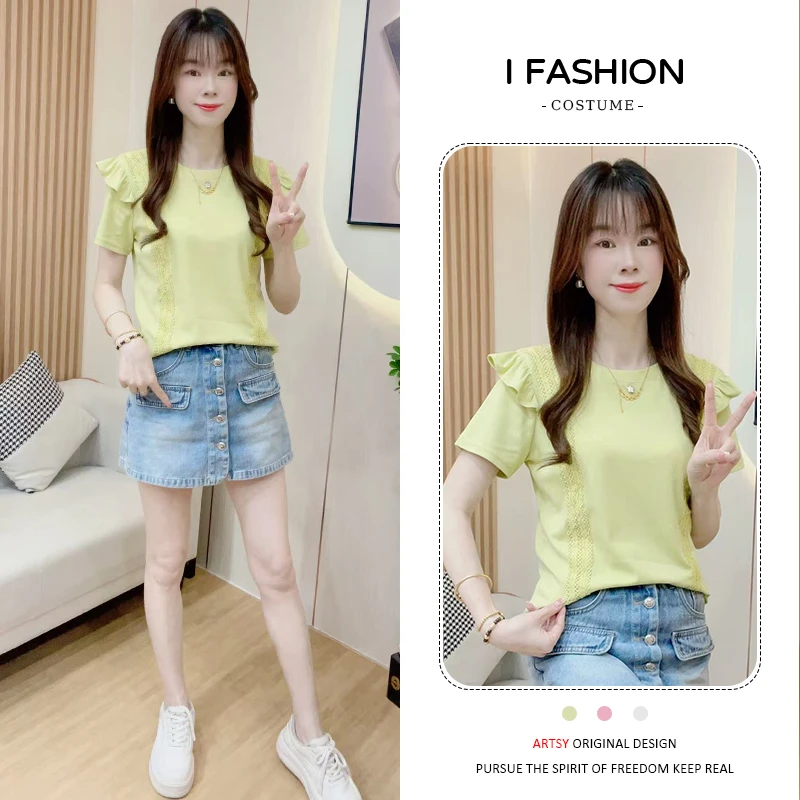 韩系百搭拼接圆领短袖t恤女2025夏季新款小清新甜美蕾丝减龄上衣