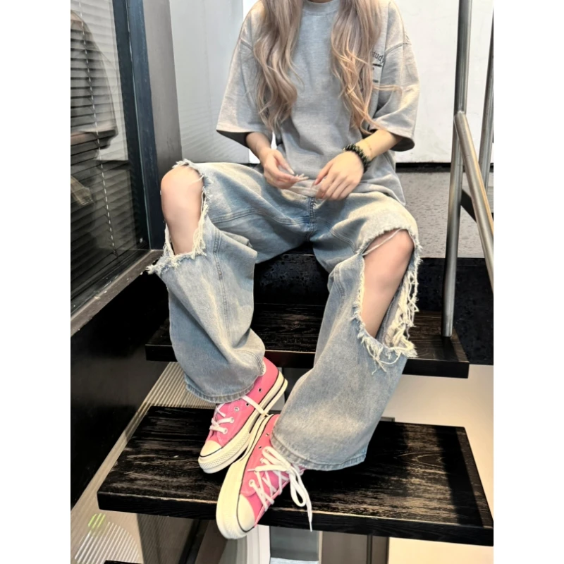 【破价+现货】美式破洞宽松阔腿牛仔裤女百搭松弛设计感小众直筒裤