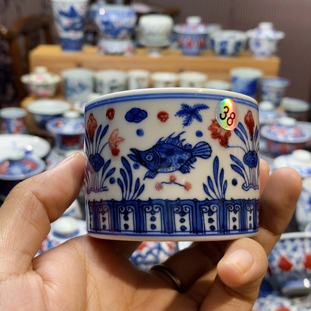 鱼澡扳指杯手绘原矿