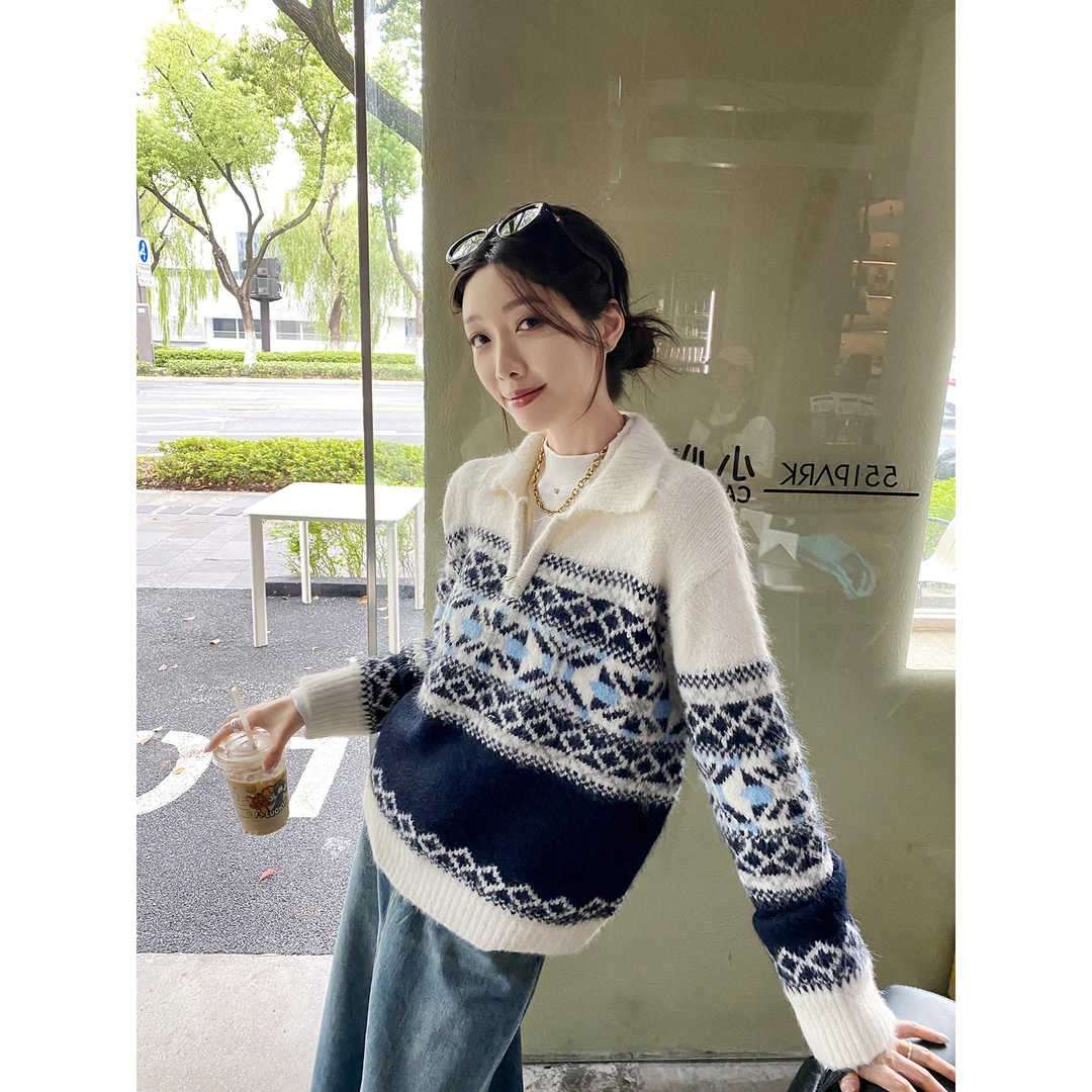 安嘉儿/费尔岛撞色毛衣套头女韩版秋冬新款加厚软糯针织衫上衣