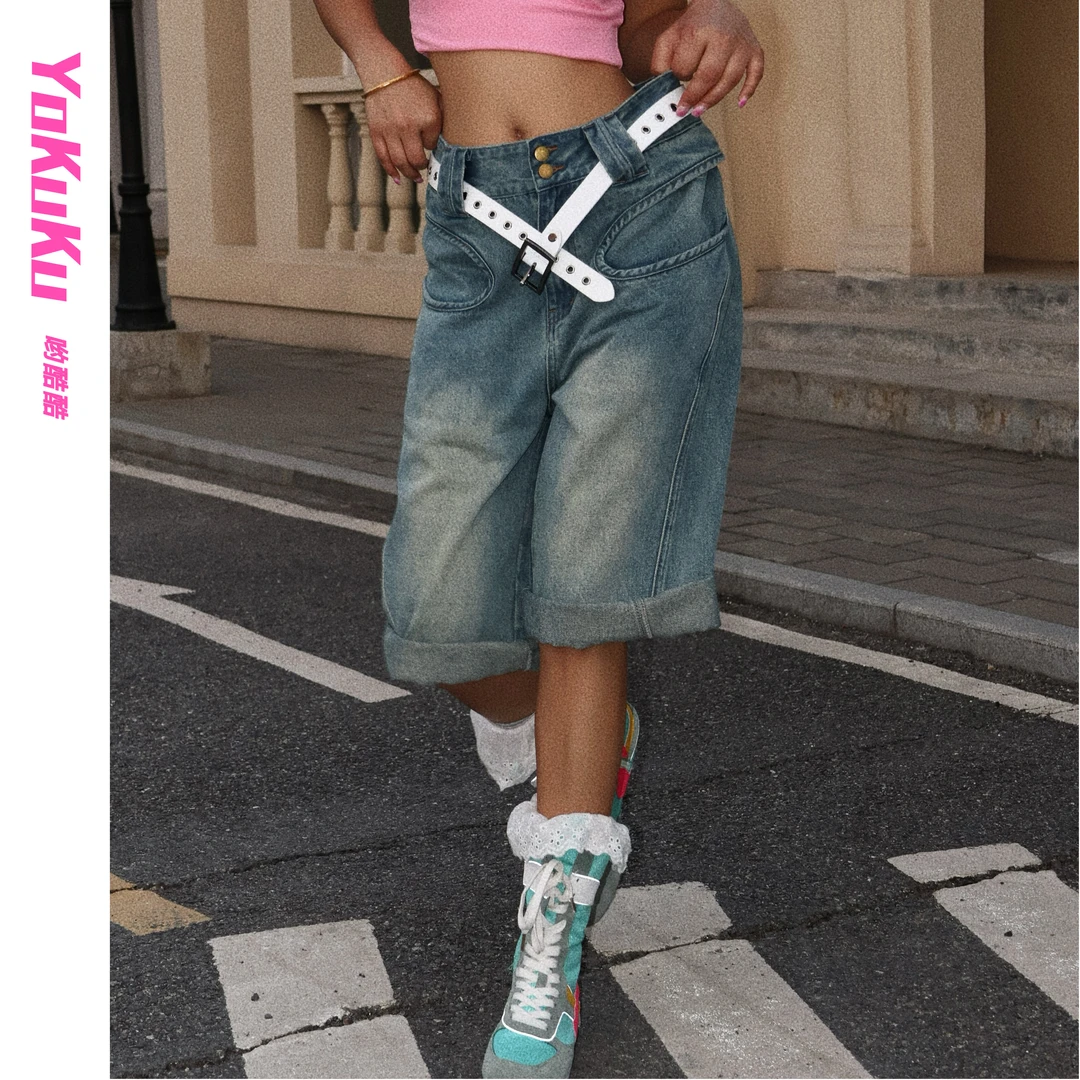 哟酷酷（花样年华）古廓形牛仔七分裤美式复古七分阔腿中裤