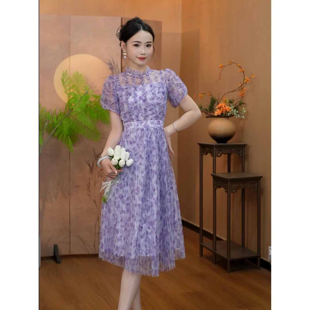 3627新款女装时尚气质高贵收腰显瘦轻奢紫色印花中长款连衣裙