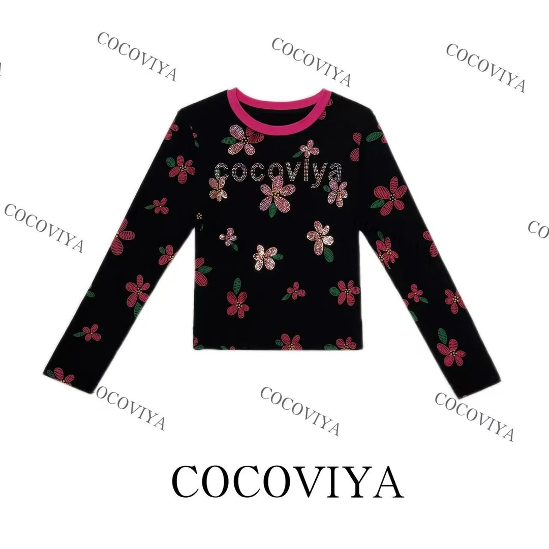 【CC】COCOVIYA暗夜花簇玫领华丽长袖T恤遮肉显瘦休闲上衣26C-857