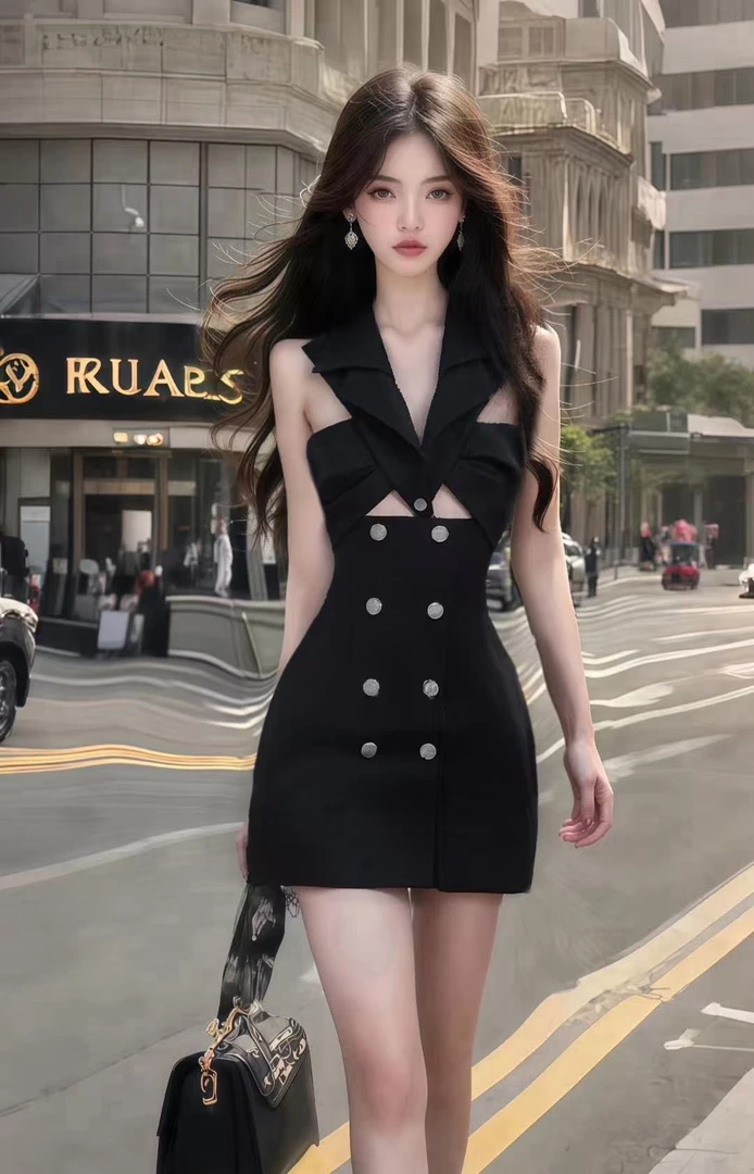 夏季新款2025黑色V领镂空设计收腰包臀轻奢优雅高级氛围感连衣裙