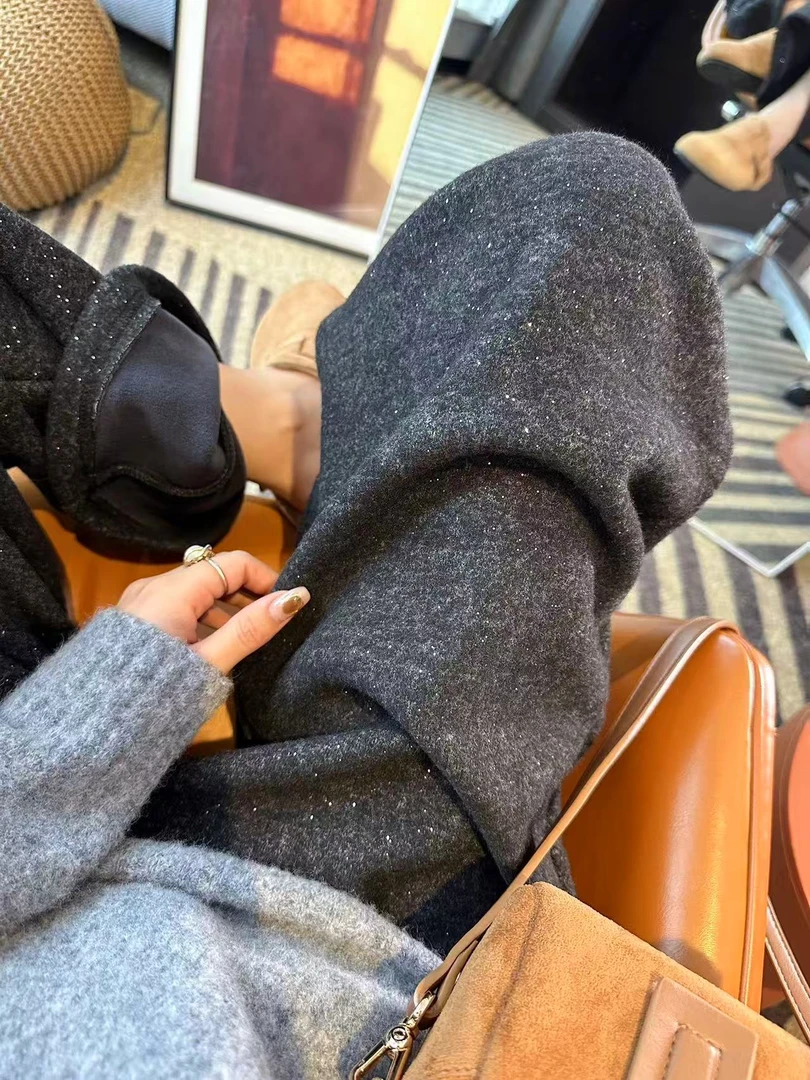 满天星细闪亮片加绒休闲裤女2025冬季新款大码慵懒百搭显瘦阔腿裤