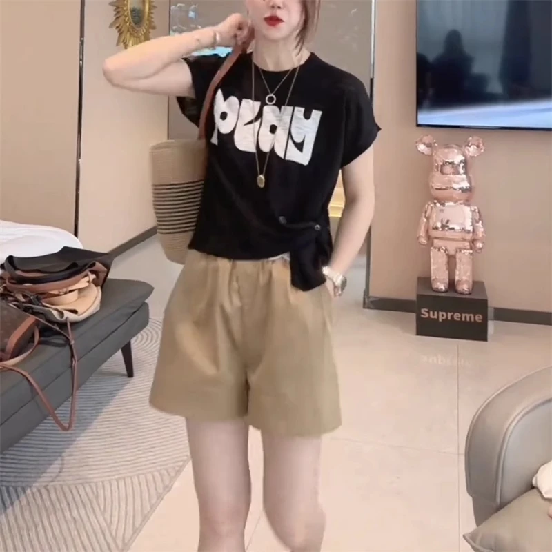 不规则设计感漂亮印花套装女宽松韩系时尚夏季休闲T恤短裤两件套