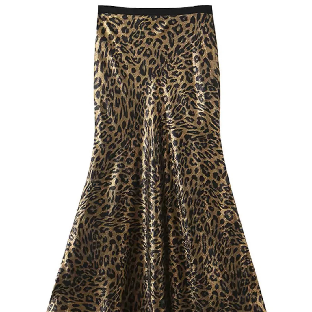 光泽豹纹长款显瘦鱼尾半身裙大码野性VITAGE45度斜裁长裙