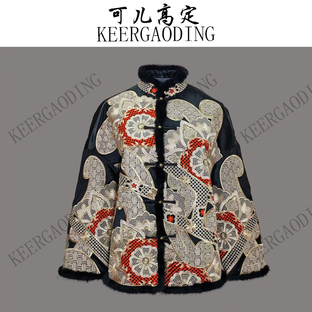 【可儿•高定】高端新中式盘金手推绣拼水貂毛棉服外套BT-8251171黑