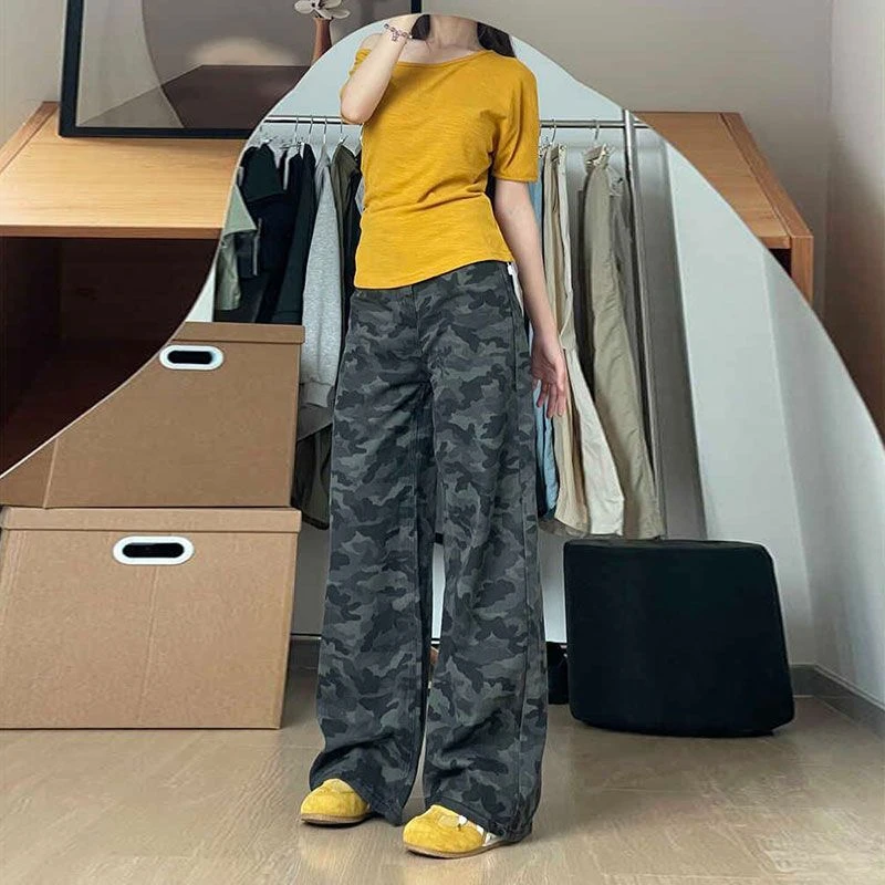 美式迷彩高腰阔腿牛仔裤女秋季2025新款高街百搭显瘦宽松直筒裤子