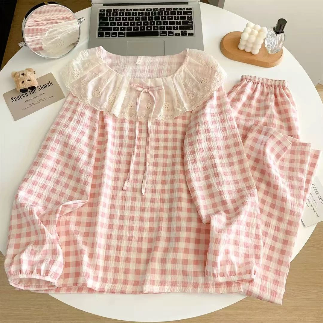 睡衣女春秋季少女甜美蕾丝花边格子长袖长裤家居服套装