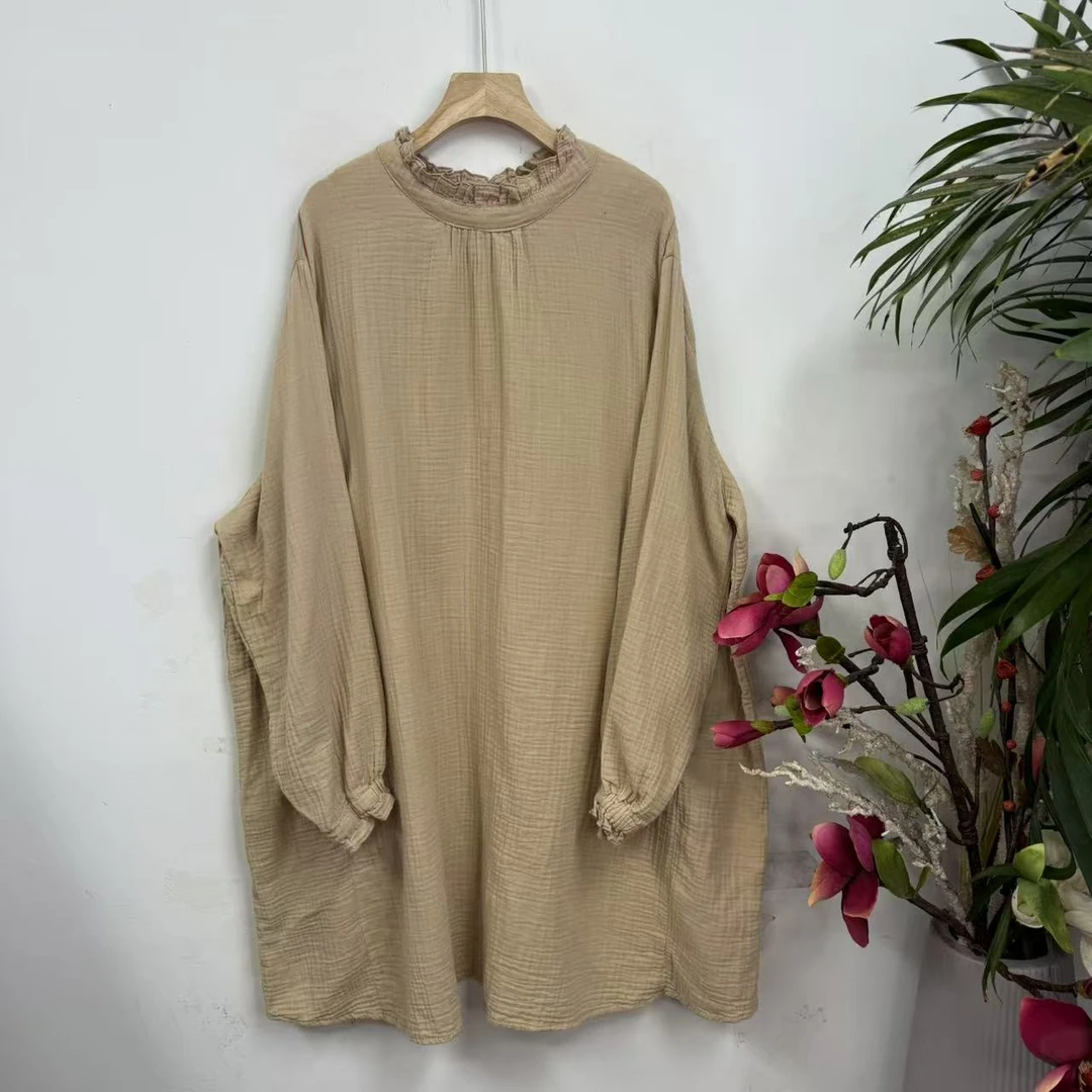 花璟原创设计款木耳领长袖慵懒风中长款袍裙（衣长93胸围142）