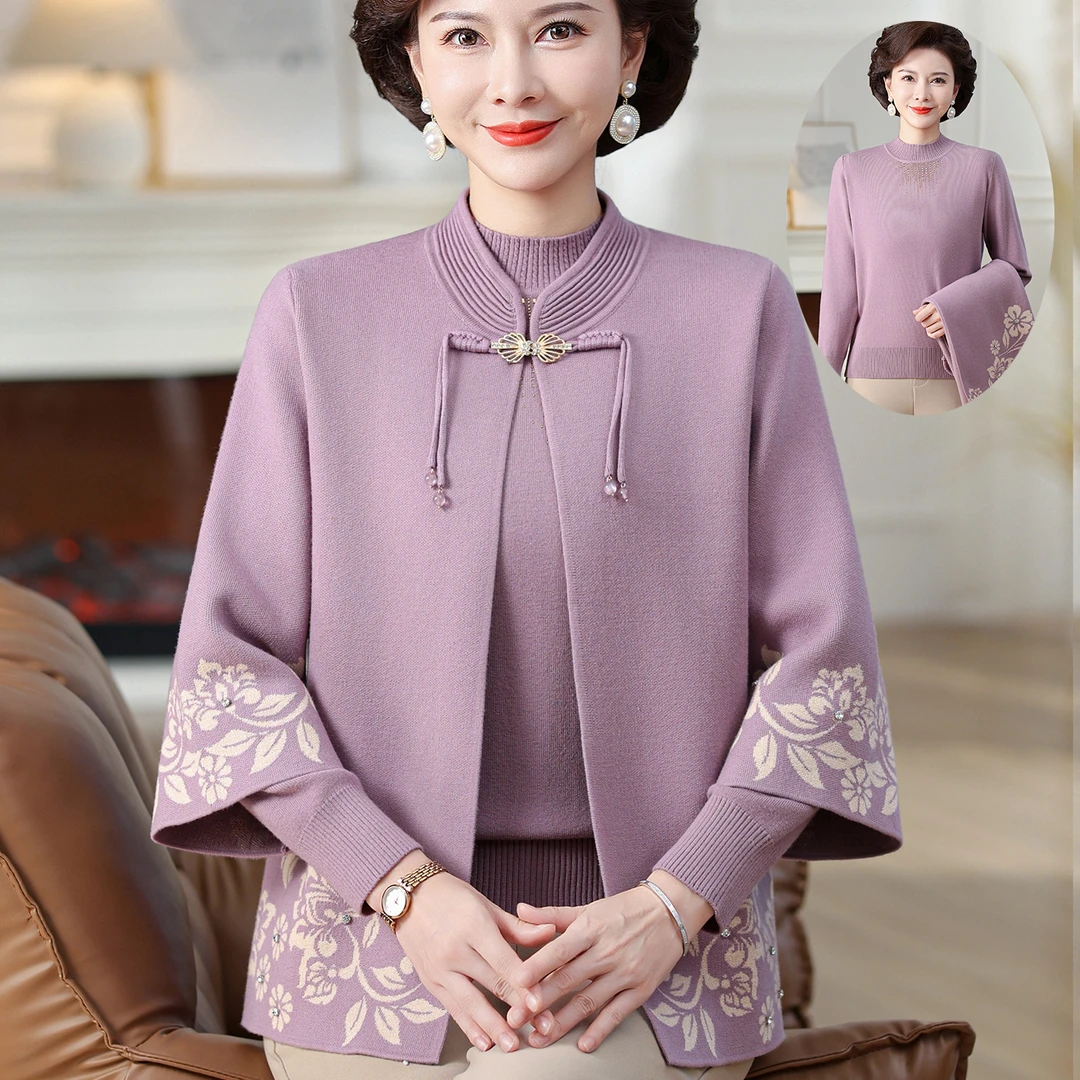 妈妈秋装国风针织两件套中年女士喜庆婚礼上衣服老年人新中式外套