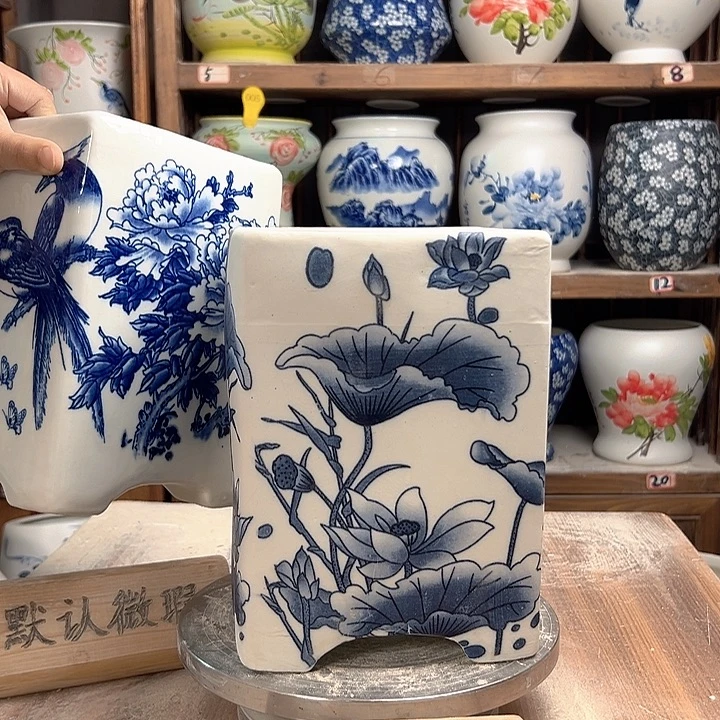 陶四方盆复古荷花陶瓷