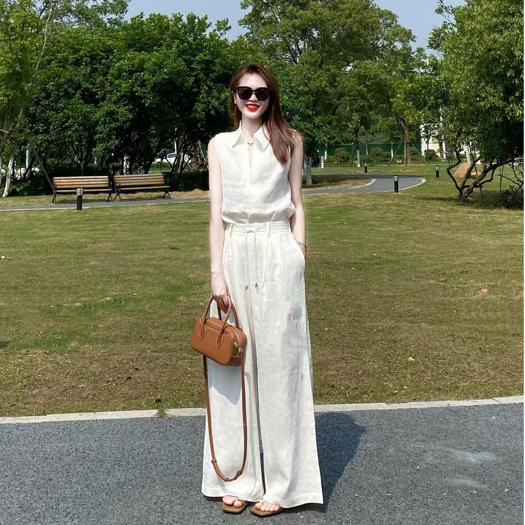 夏季新款洋气衣服女时尚百搭通勤POLO领衬衫上衣显瘦阔腿裤套装女