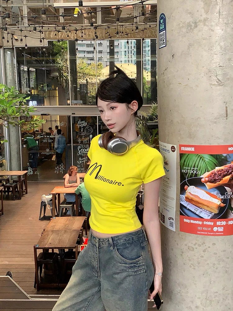 新款黄色印花短袖正肩夏季美式短款衣服辣妹紧身上衣#8811