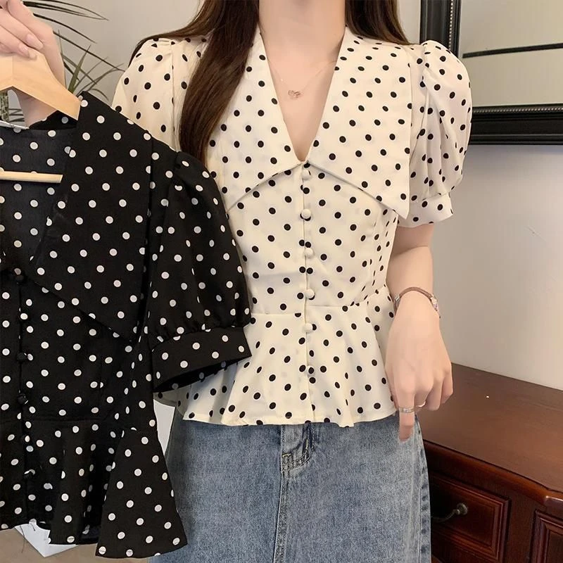 {全额运补}大码2025夏polo领波点泡泡袖雪纺衫高级感法式别致短袖