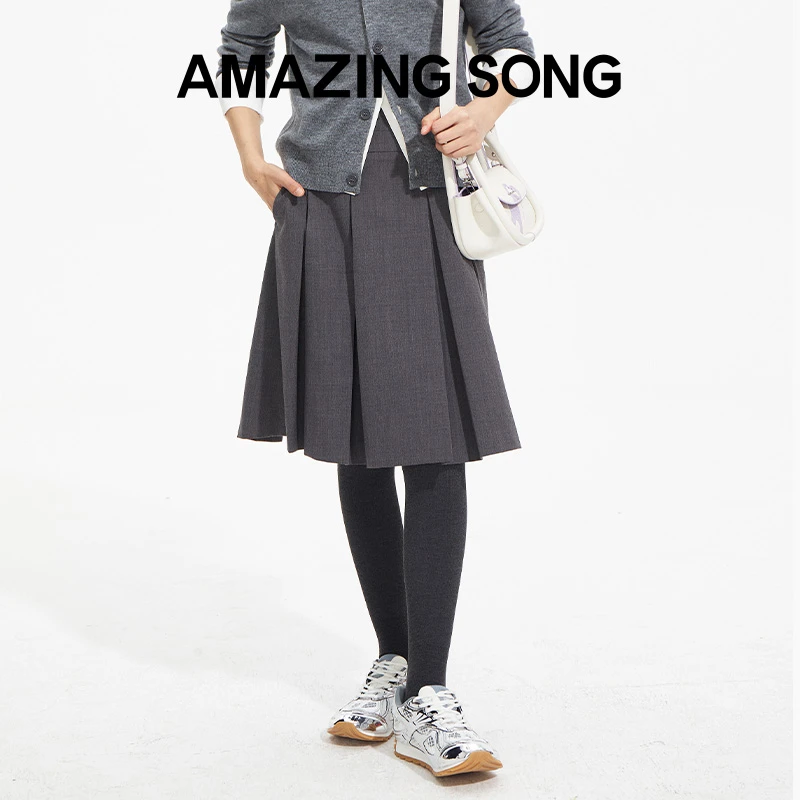 【福利】双腰头压褶半裙时尚高腰学院风A字显瘦半身裙格雷系穿搭