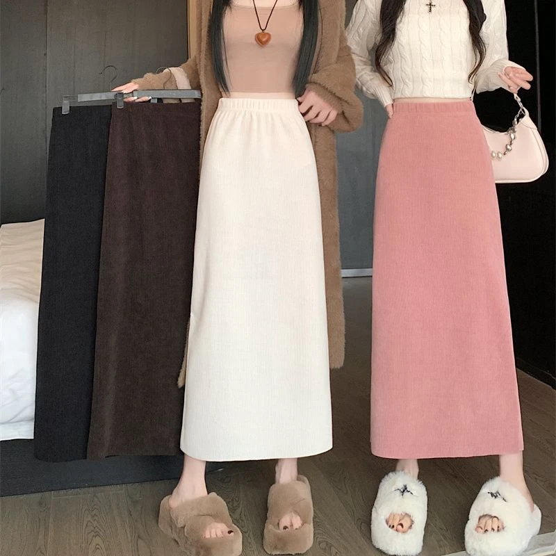 秋冬加绒加厚气质显瘦雪尼尔半身裙高腰开叉中长款A字宽松包臀裙