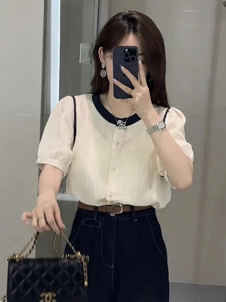 【姿姐专属】2025夏季新款时尚显瘦百搭短袖圆领女衬衫-FE309
