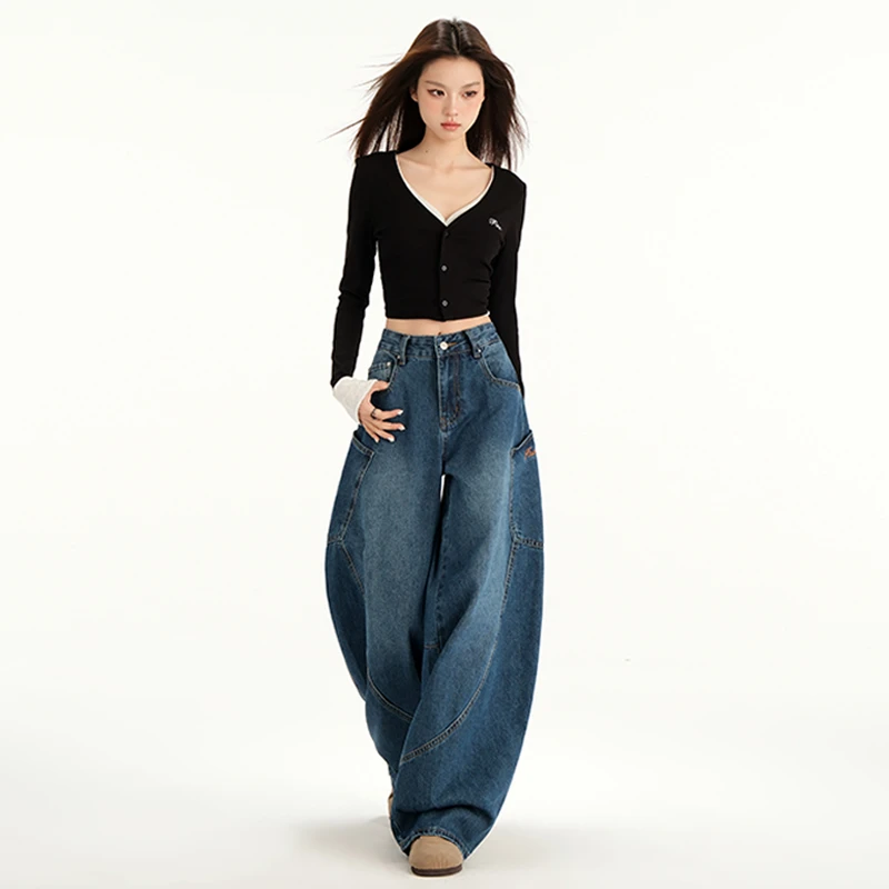 春季美式复古弯刀裤牛仔字母刺绣拼接宽松阔腿牛仔裤高腰显瘦长裤